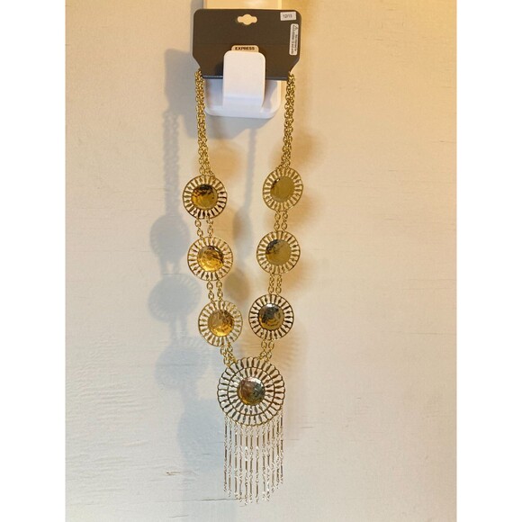 EXPRESS Metallic Gold Tone Tribal Boho Circle Station Statement Necklace 21" NEW - Picture 6 of 6